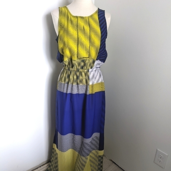 JOAN Vaas Geometric Sleeveless Maxi Dress Navy Yellow M - Picture 3 of 16